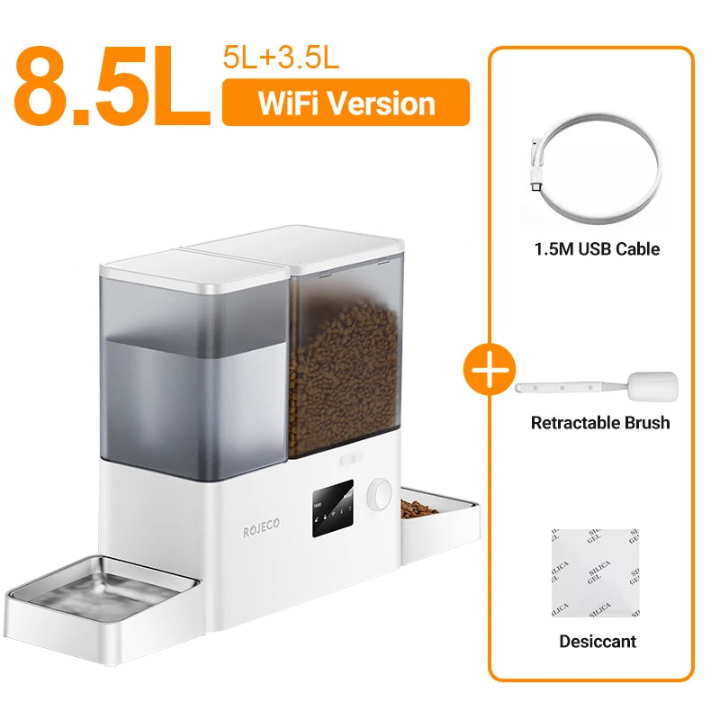ROJECO Automatic Pet Feeder Gravity Water Fountain 8.5L 2 In 1 WIFI Remote Control Smart Cat Dog Kibble Dispenser Water Drinker